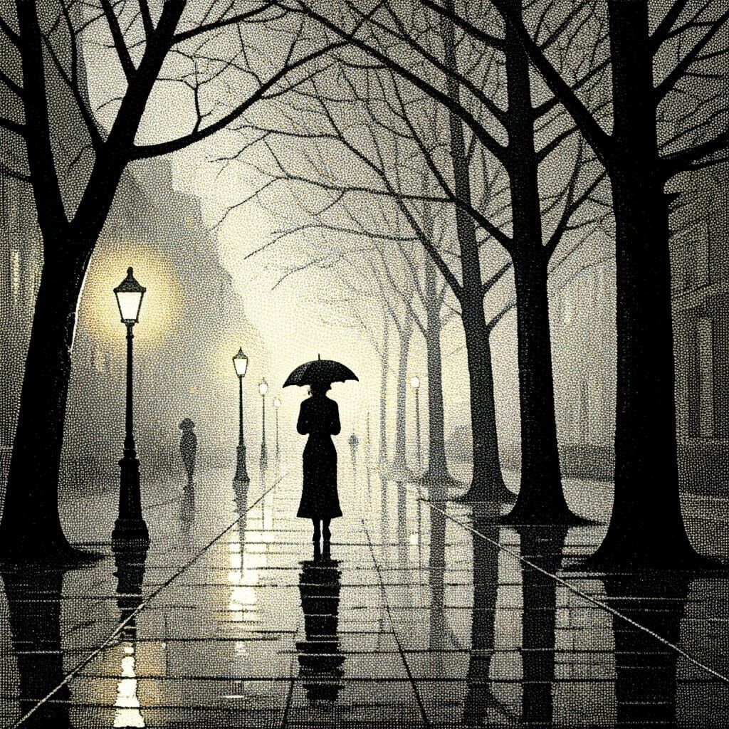 Pointillist Woman Walking in Misty Urban Street