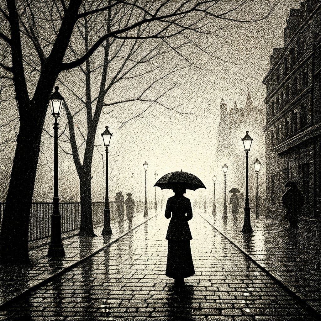 Pointillist Winter Scene with Woman in Black