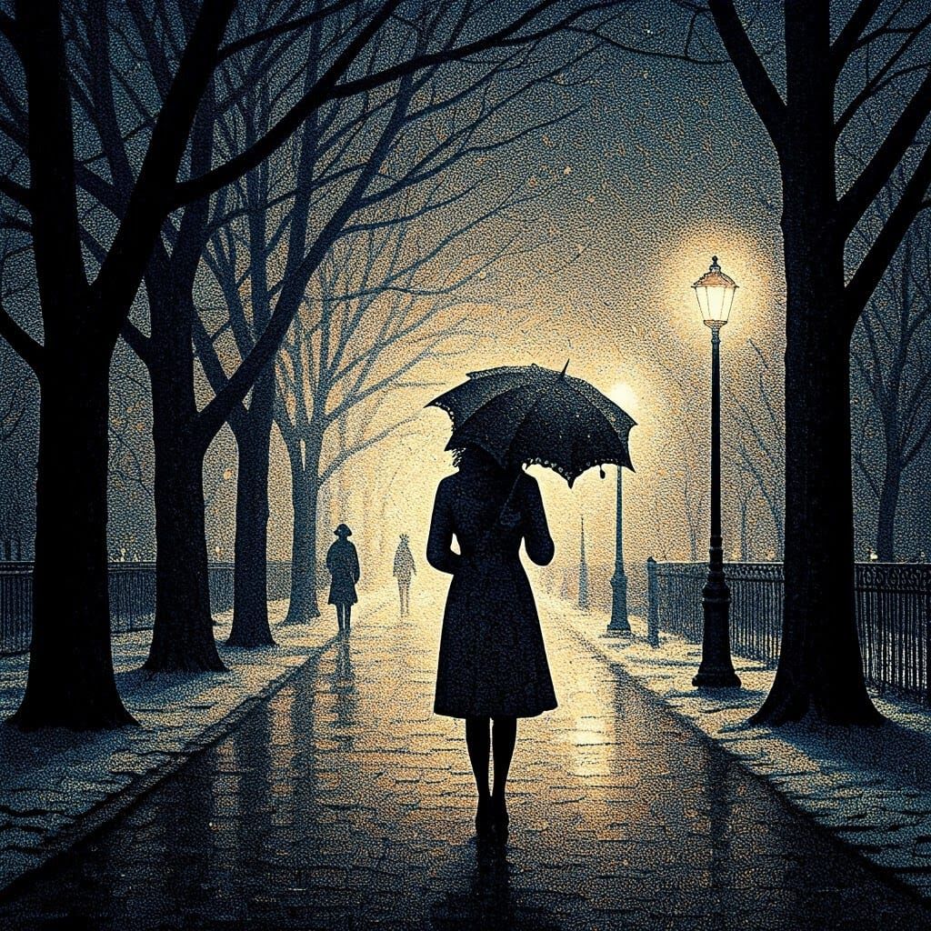 Winter Silhouette in Pointillist Urban Scene