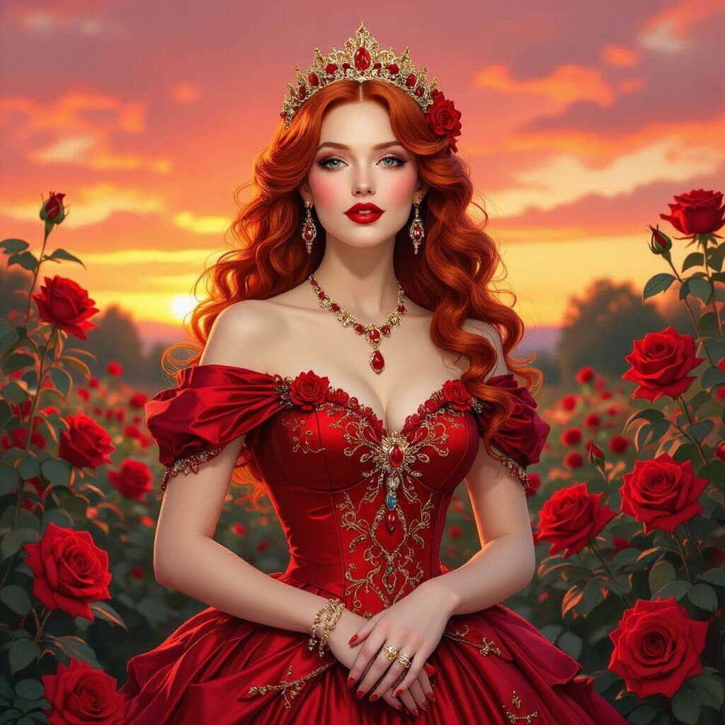 Fantasy Princess in Rose Garden, Art Nouveau Style