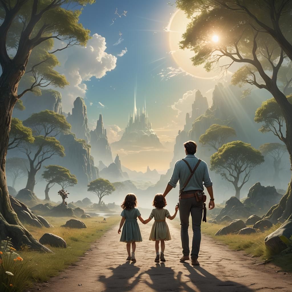Family Walking into Fantasy Landscape, Coloring Book Style