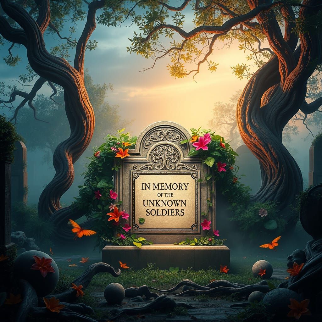 Ancient Grave Monument in Golden Misty Dawn