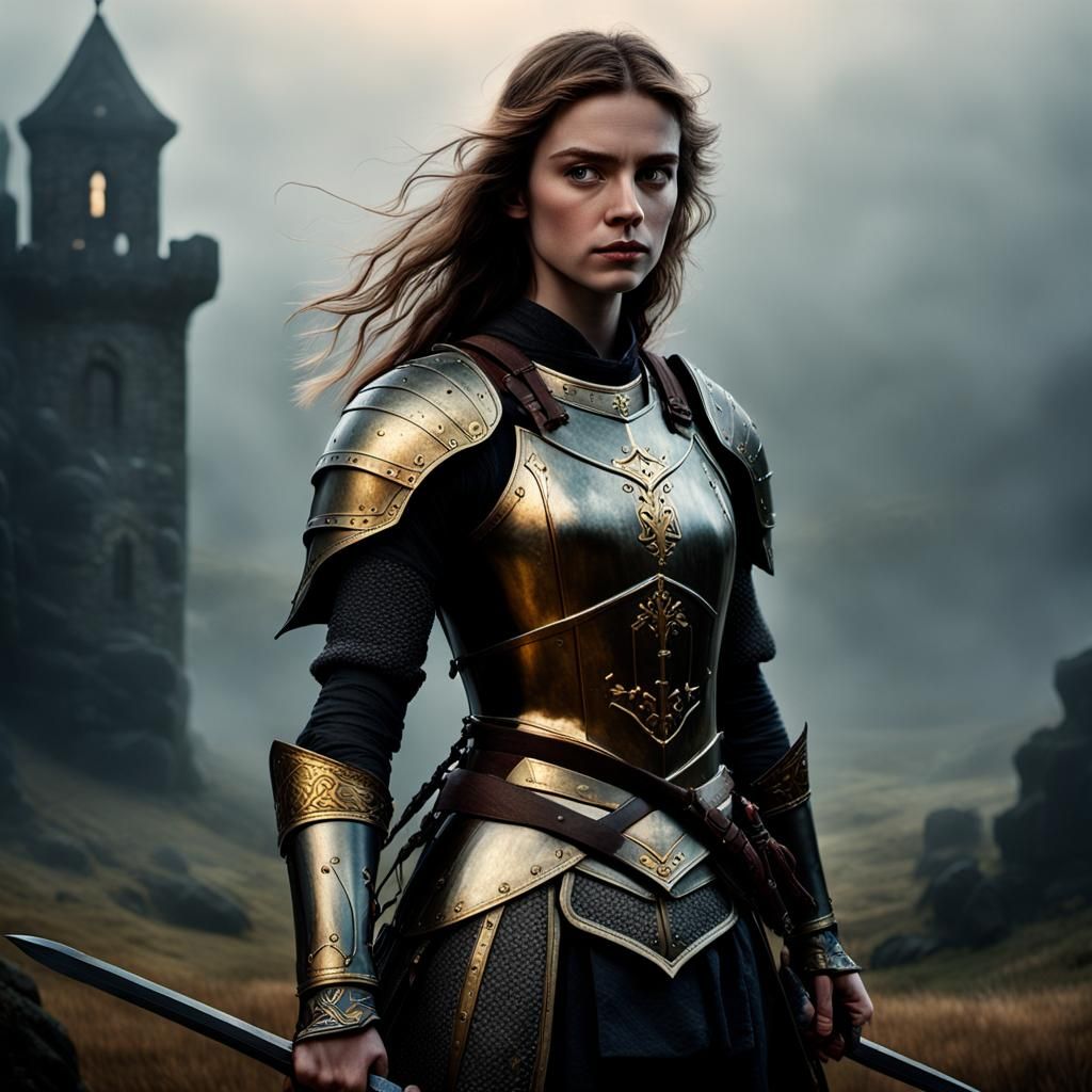 Heroic Maddy in Medieval Landscape, Oil Painting