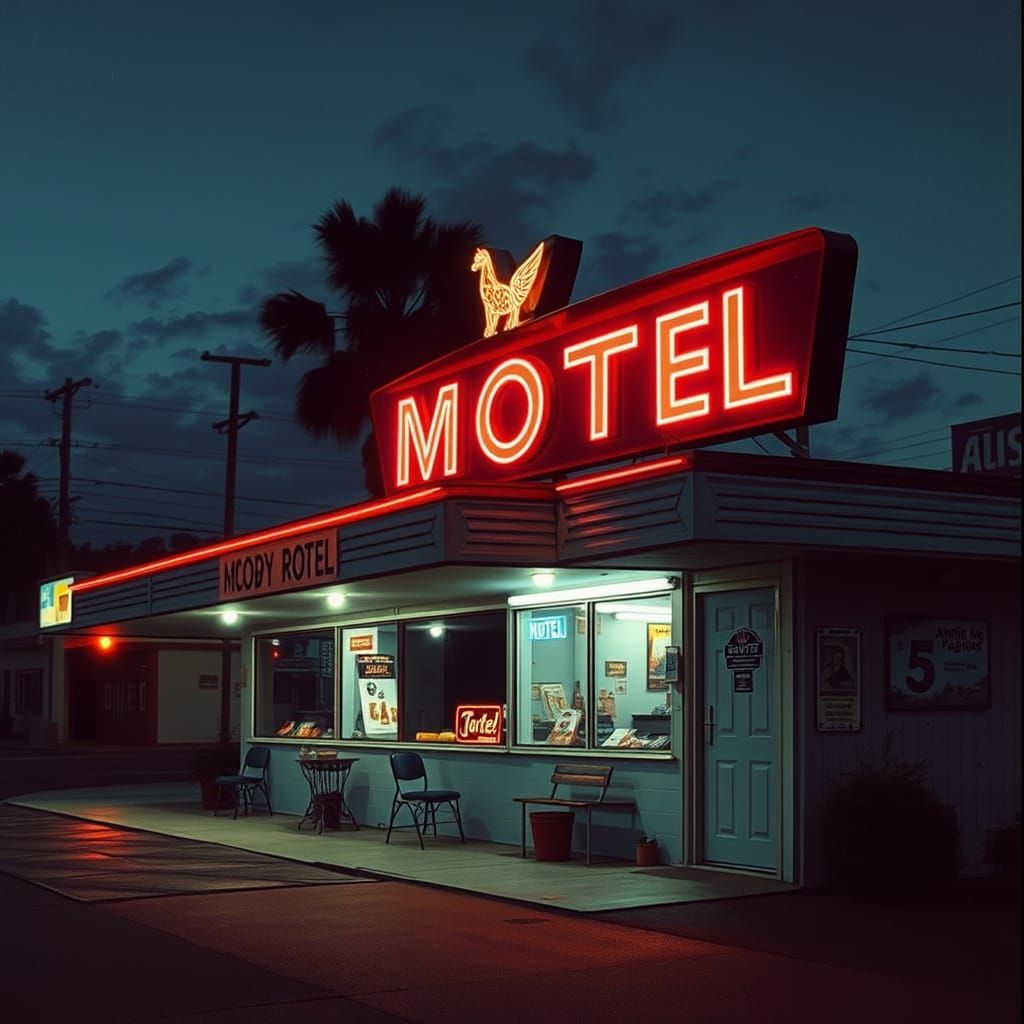Old Motel Sign in Moody Film Style