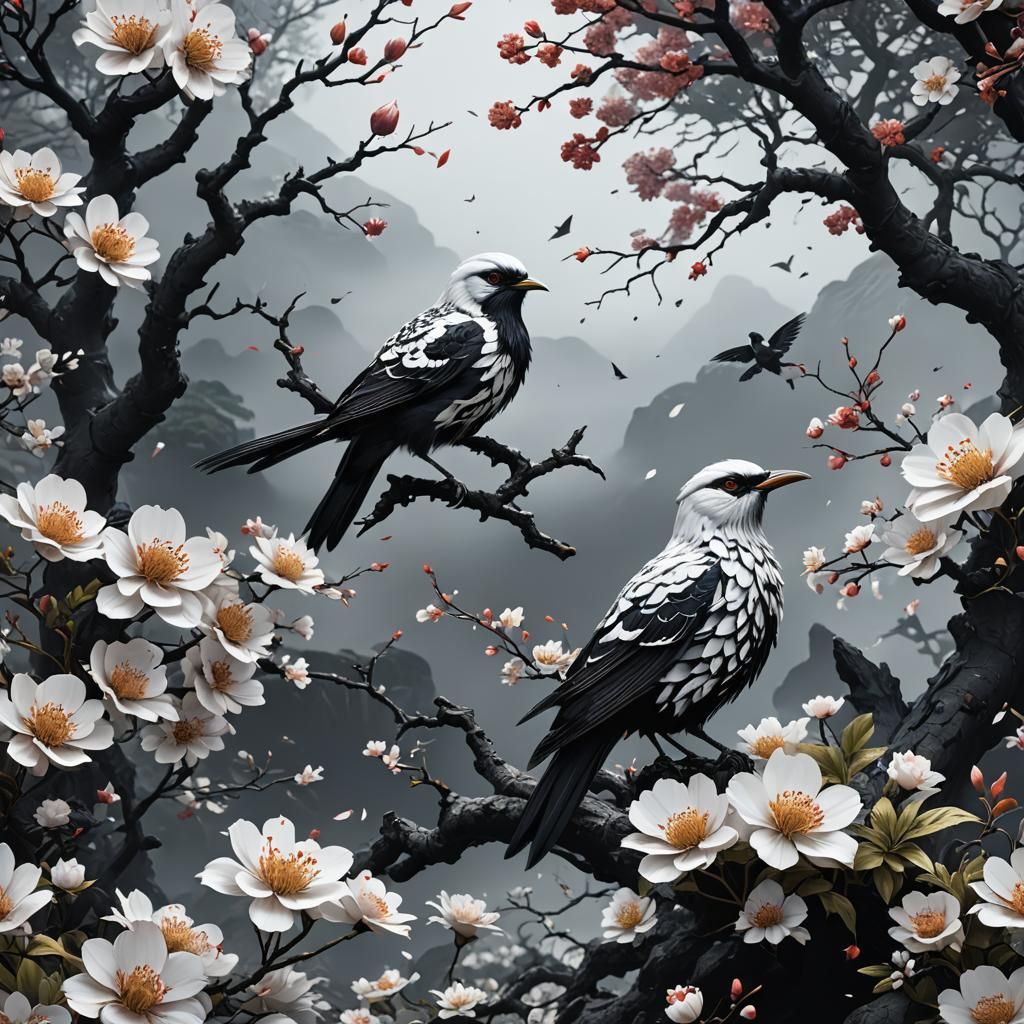 Oni Mask with Birds and Flowers