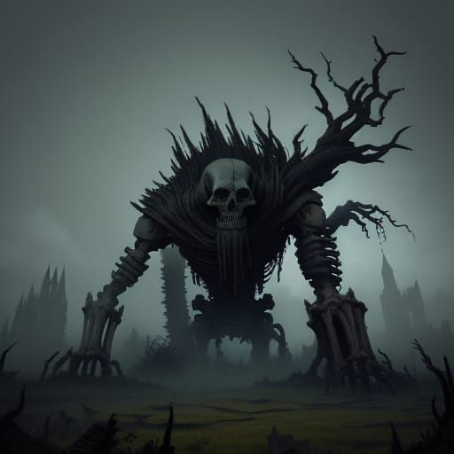 Dark Fantasy Troll in Mist Before Ruined City