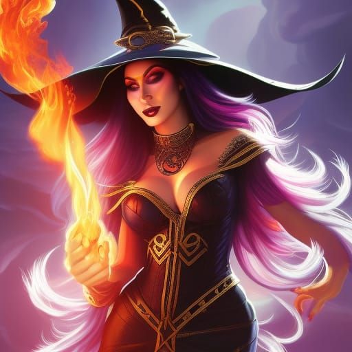 Fantasy Sorceress Casting Fireball in Detailed Digital Art