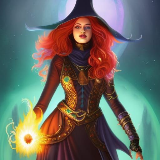 Fantasy Sorceress Casting Fireball, Digital Art