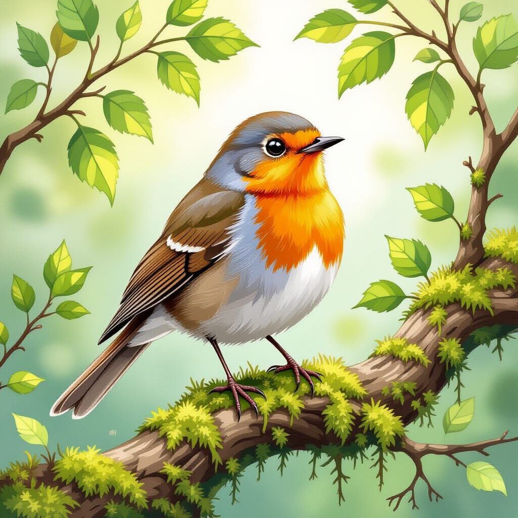 Whimsical Robin in Lush Greenery: Watercolor Illustration