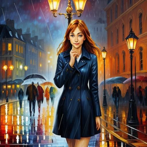 Butterfly in Rainy Cityscape, Afremov-Style Oil Painting