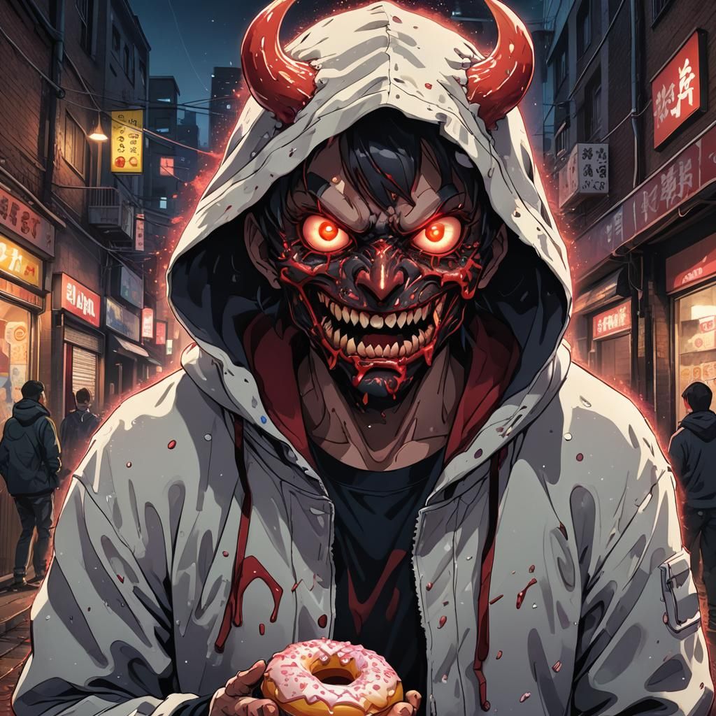 Anime Demon Devouring Donut in City Alleyway