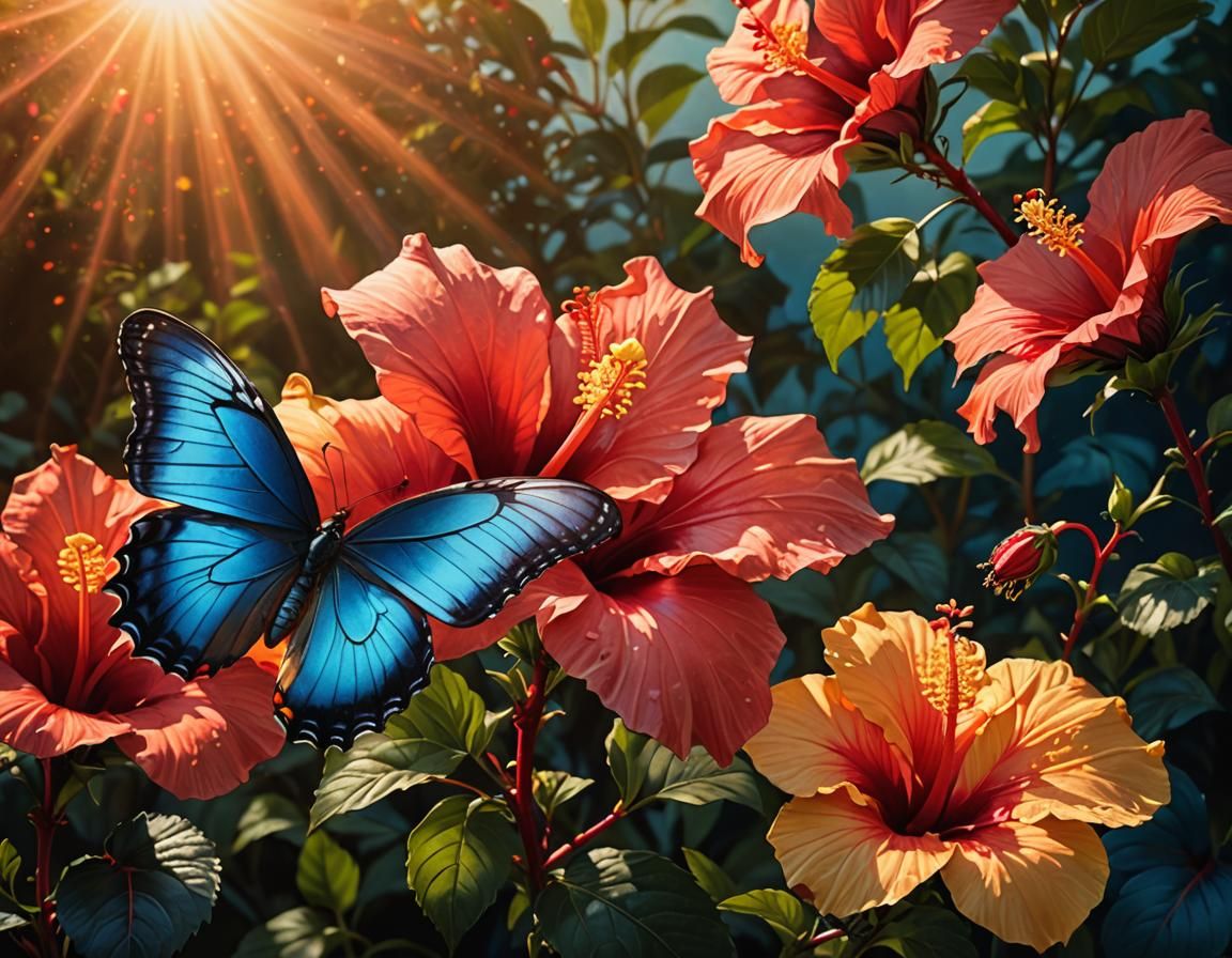 Blue Butterfly and Red Hibiscus in Hyperrealistic Splash Art