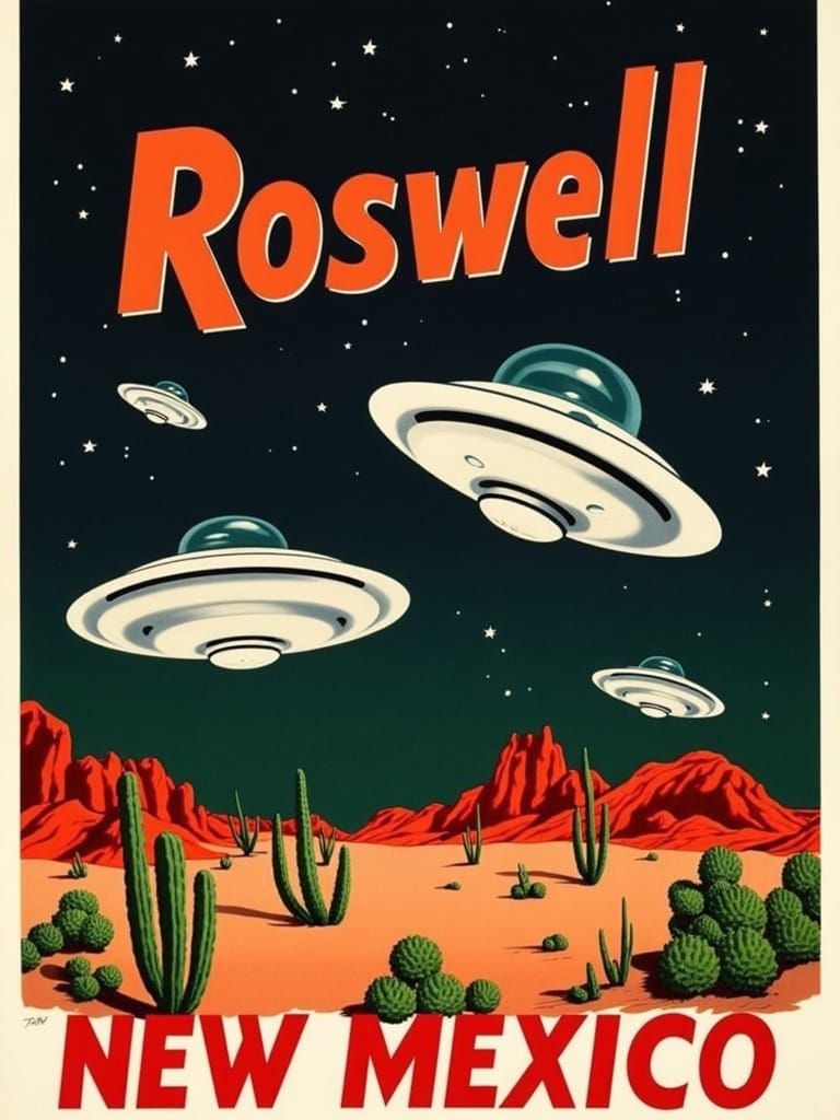 Retro-Style UFO Poster: Roswell, New Mexico
