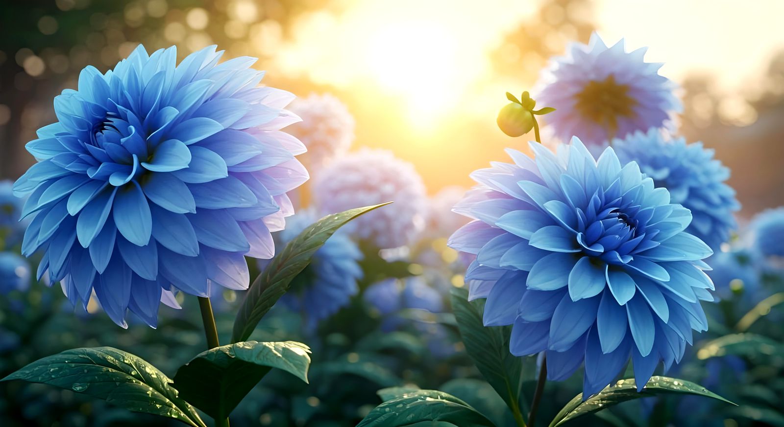 Light Blue Dahlias in Anime-Inspired 3D Garden