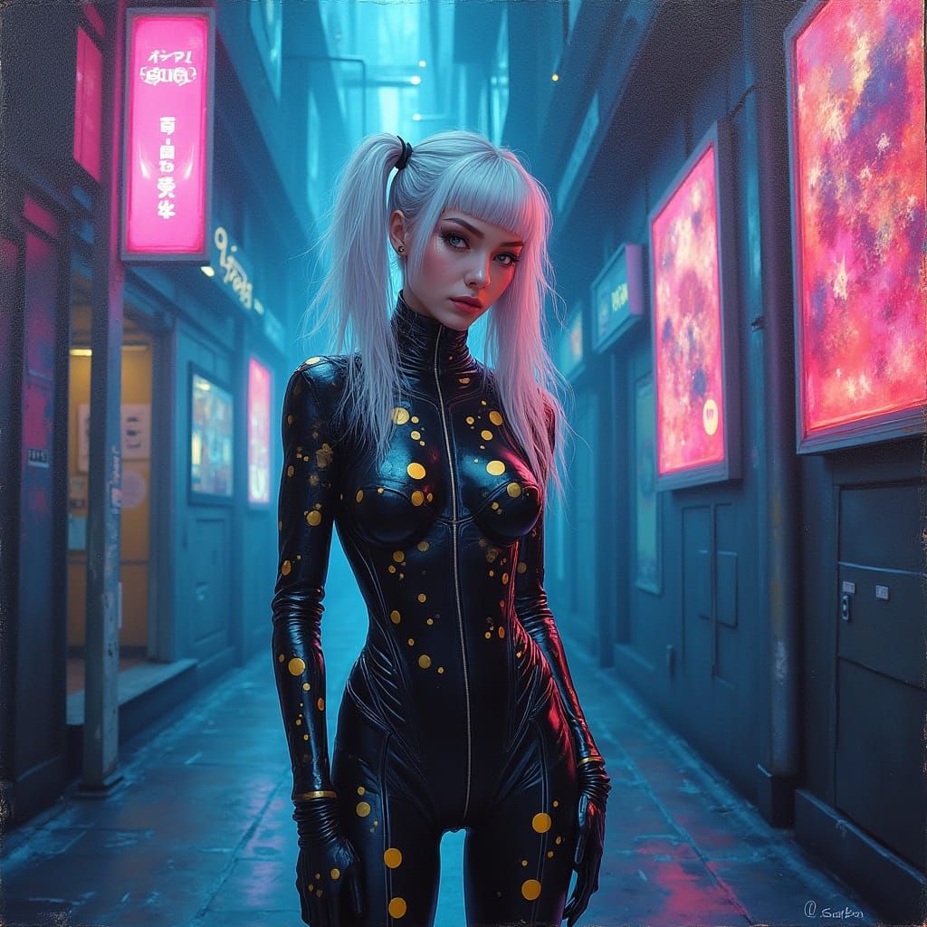 Cyberpunk Woman in Neon Alleyway as Impasto Oil Painting