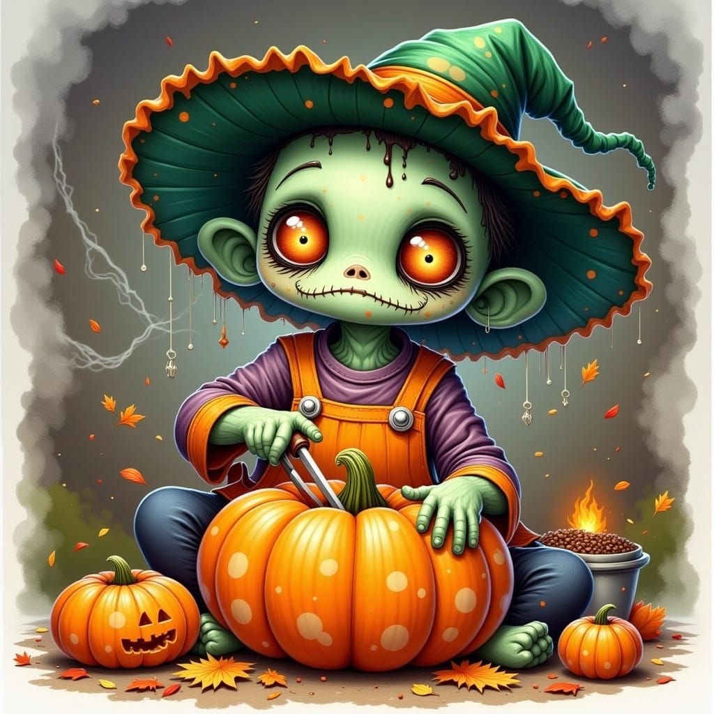 Adorable Zombie Carving Pumpkin in Whimsical Digital Art