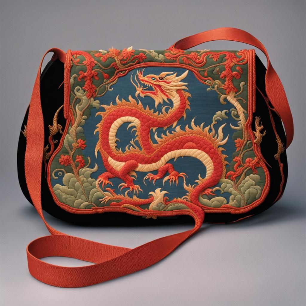 Dragon Tapestry Handbag with Embroidery and Quilting