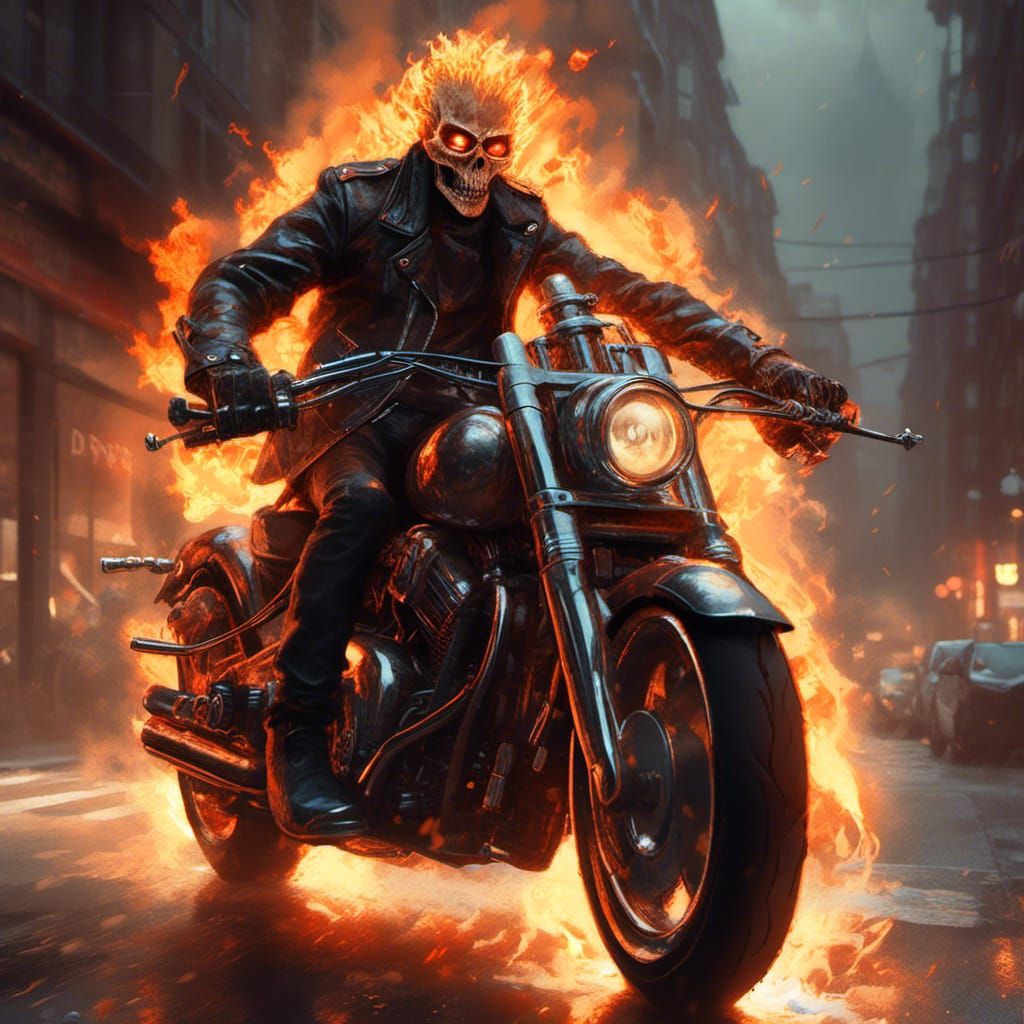 Ghost Rider Superhero with Flaming Skull Motorcycle