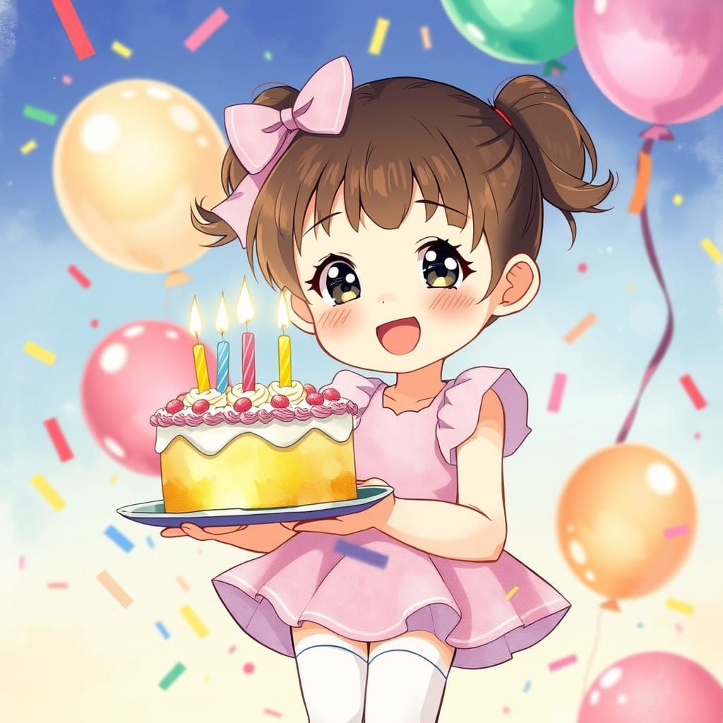 Whimsical Anime Birthday Girl with Vibrant Confetti and Ball...