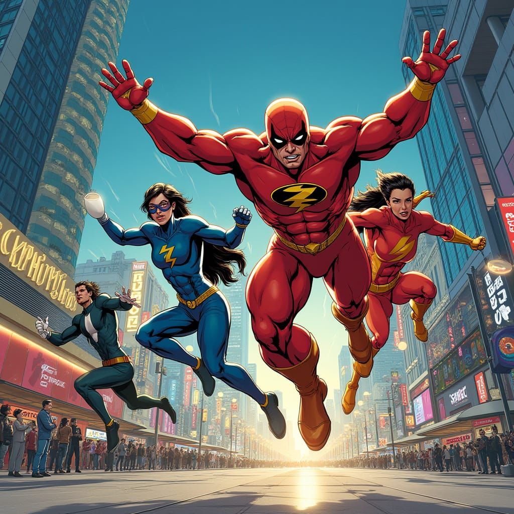 Superheroes Fly Over Esplanade in Comic Book Style
