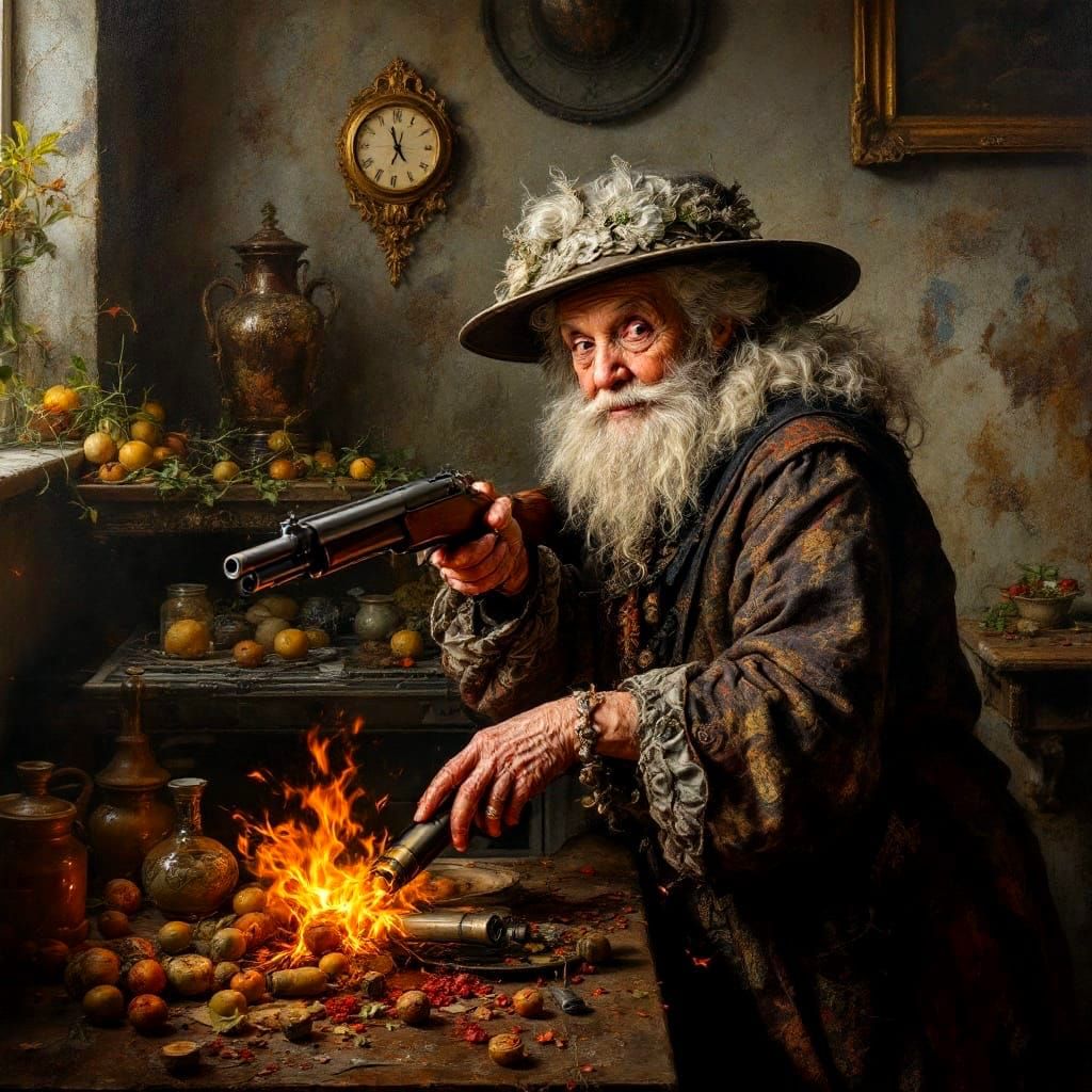 Baroque Grandmother with Shotgun, Rembrandt Style