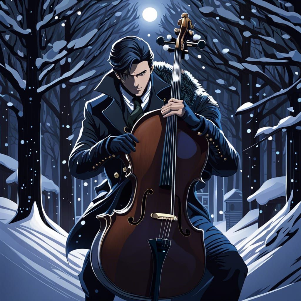 Cellist in Winter Landscape Anime Style