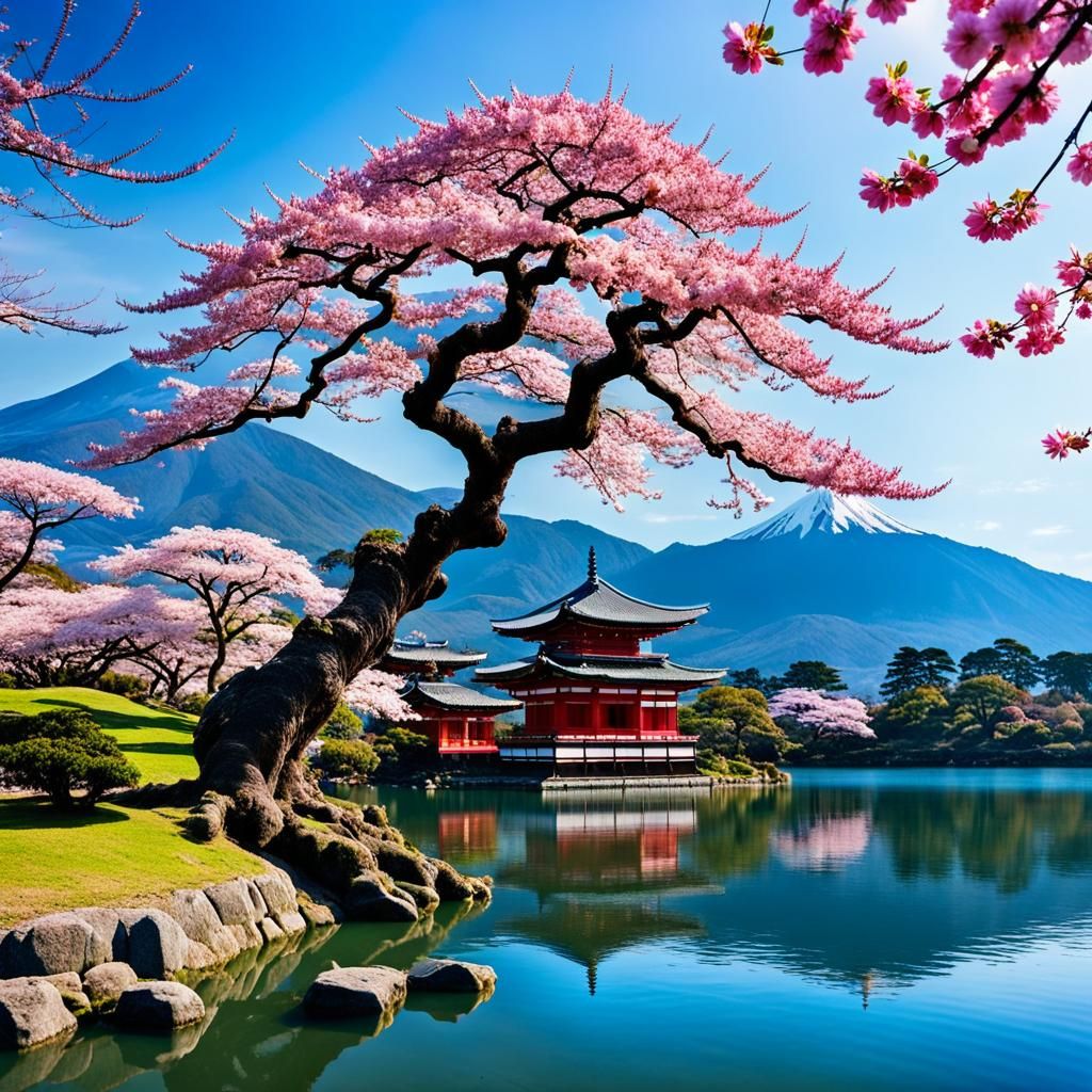 Sakura Tree by Lake with Japanese Temples