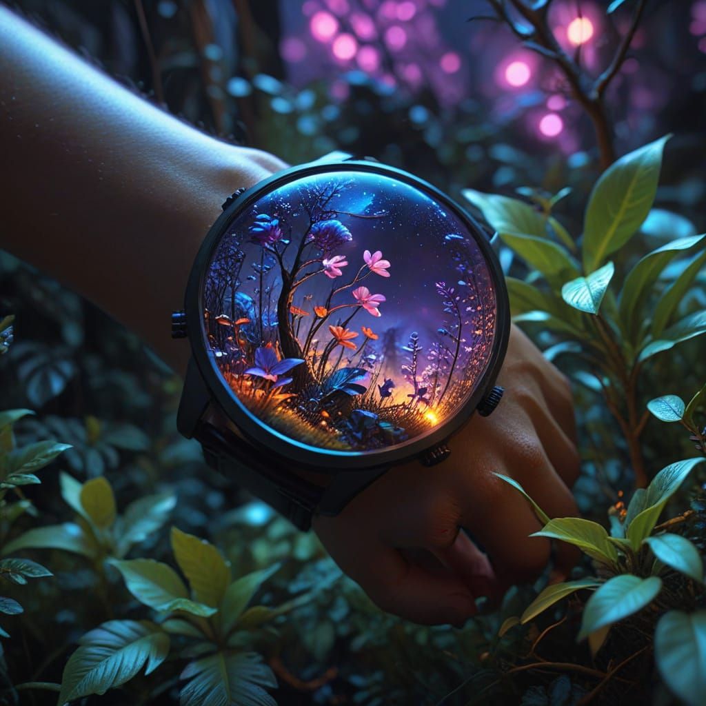 Surreal Fantasy Scene on a Hand in Neon Colors