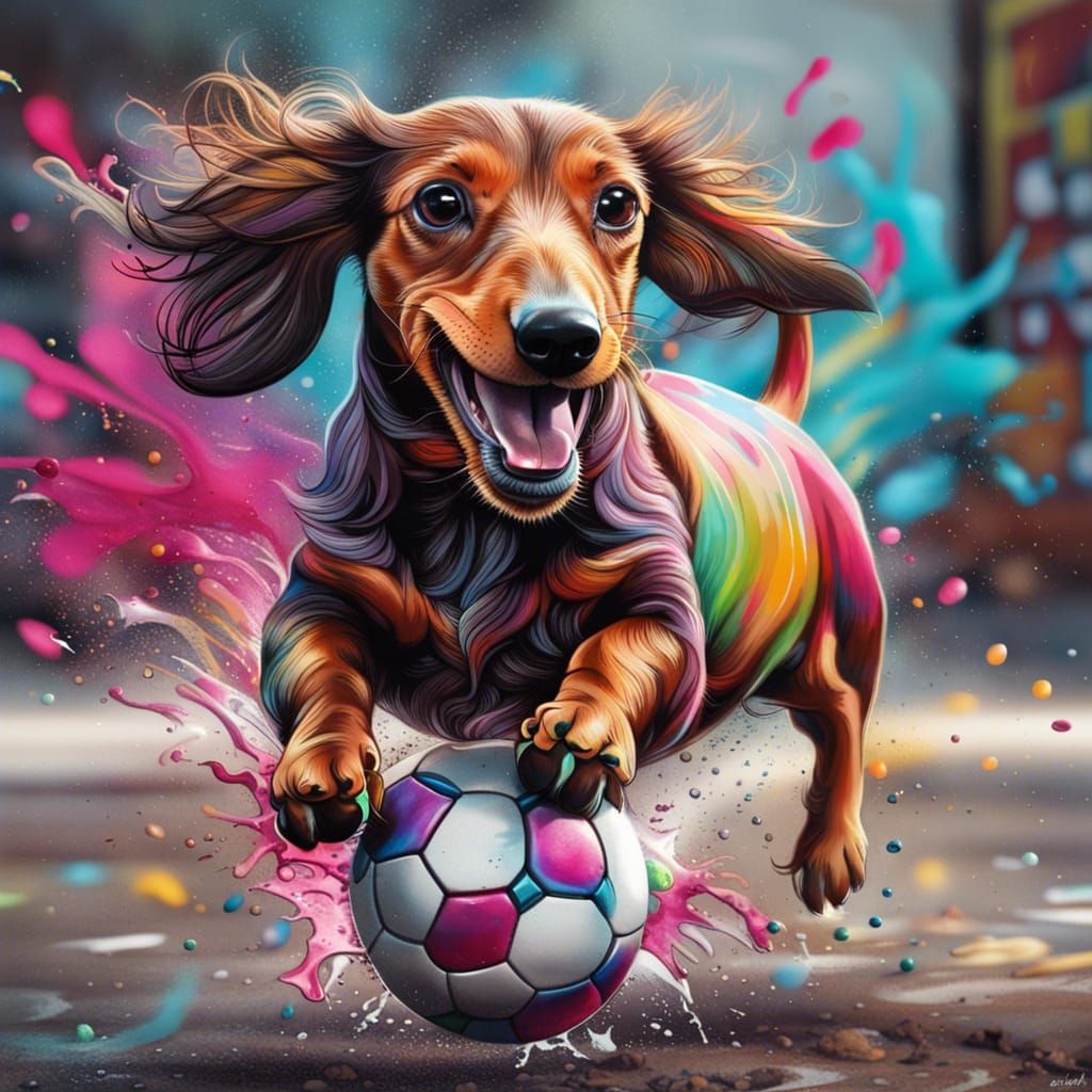 Happy Dachshund Plays Soccer: Graffiti Splash Art