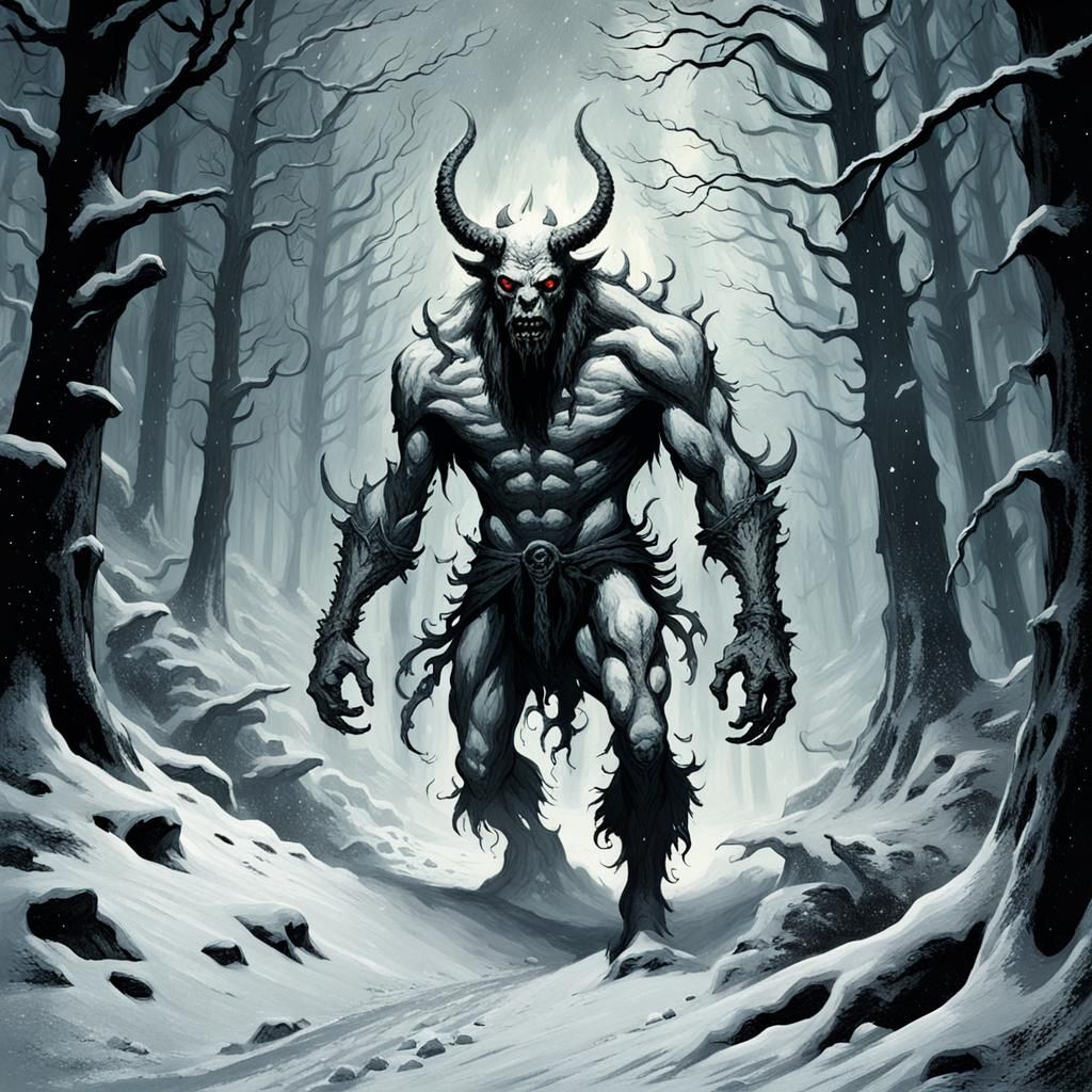 Pale Demon in Snowy Forest, Dark Fantasy Art