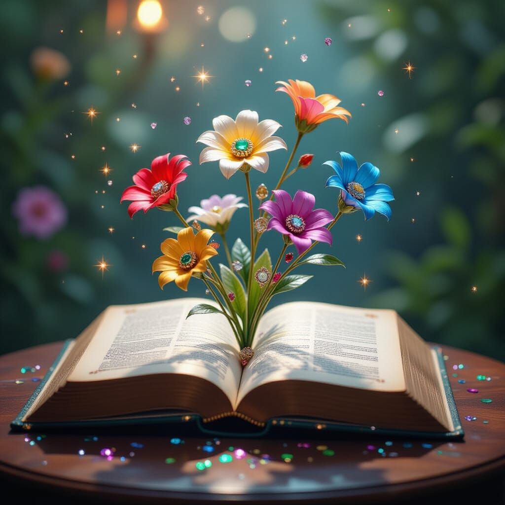 Magical Book Blooms with Jewel Flowers in Cinematic Style