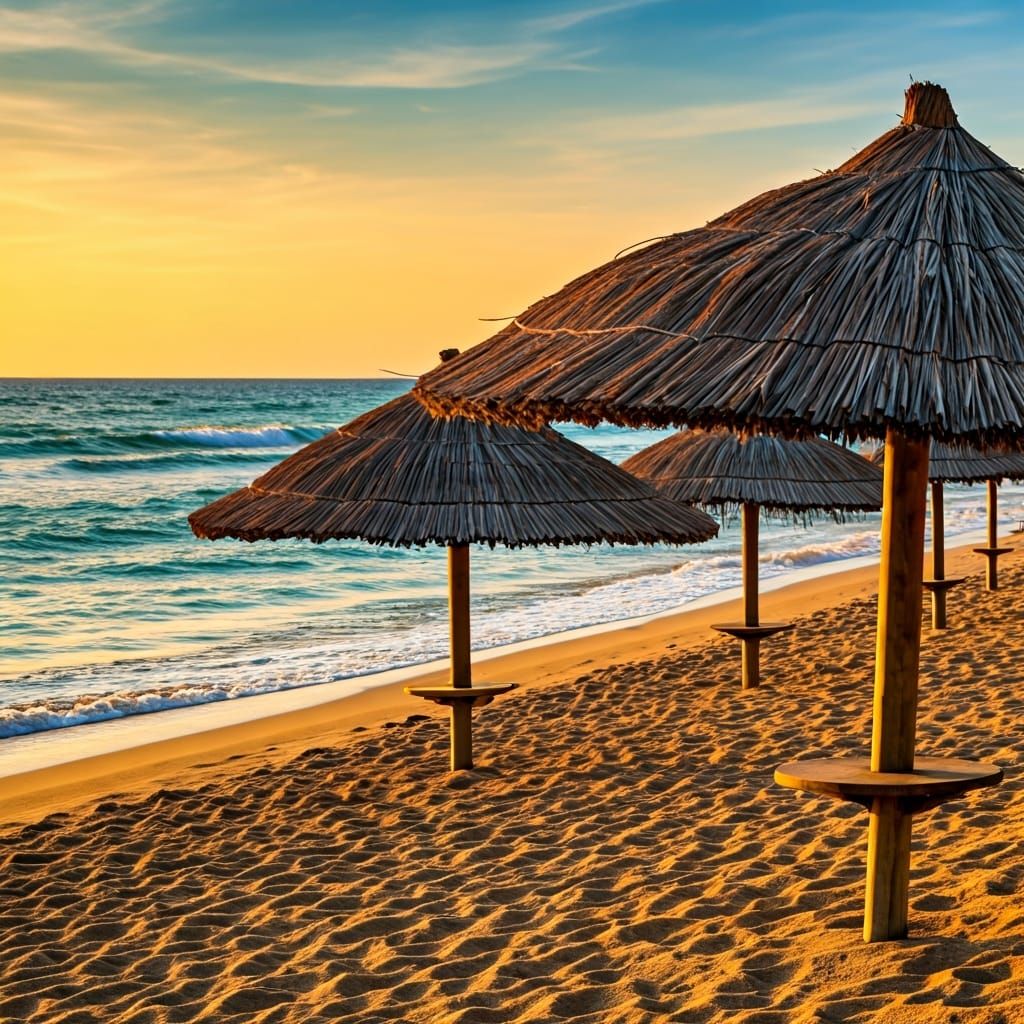 Tranquil Sunset Beachscape with Straw Umbrellas