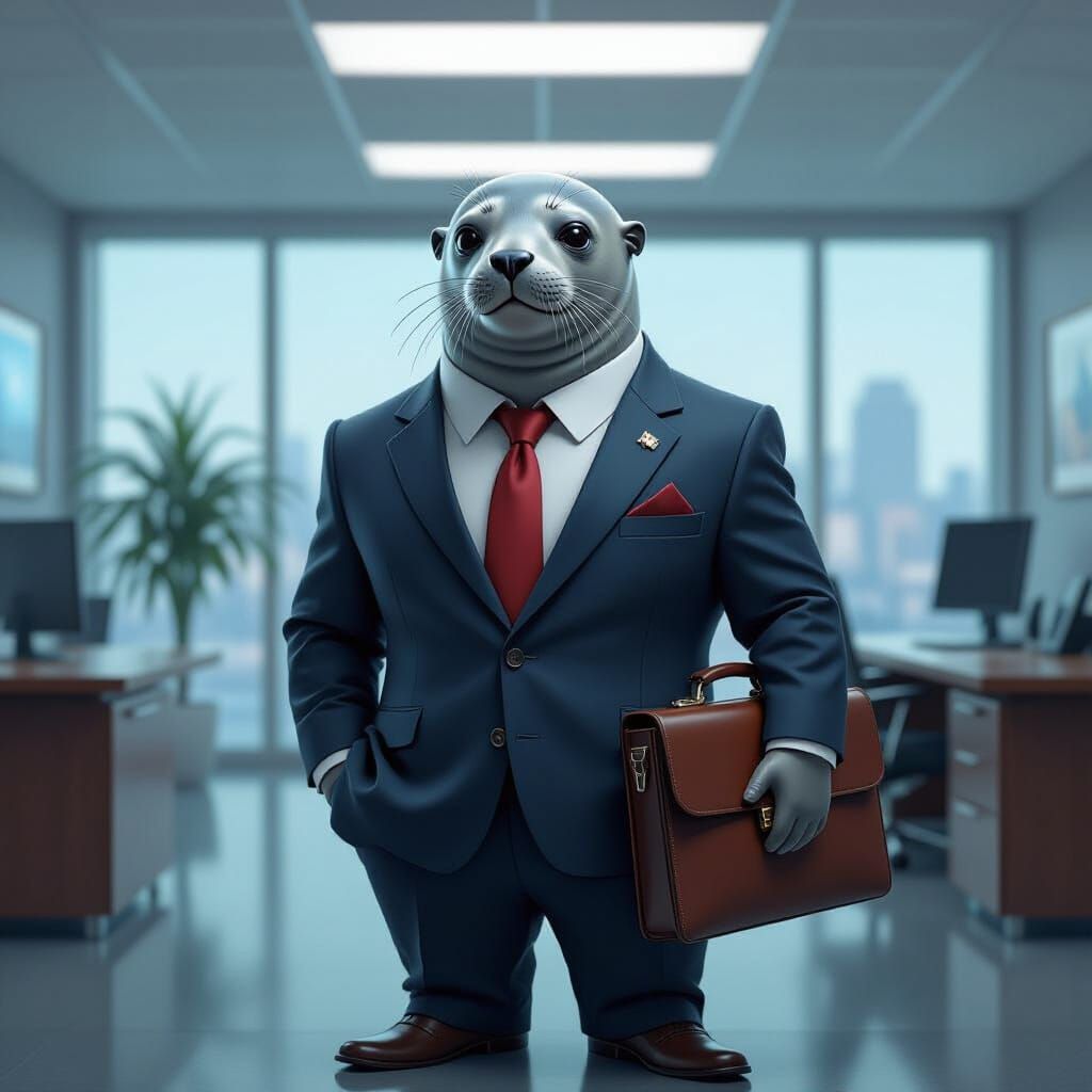 Seal in Suit Seals Deal in Futuristic Office