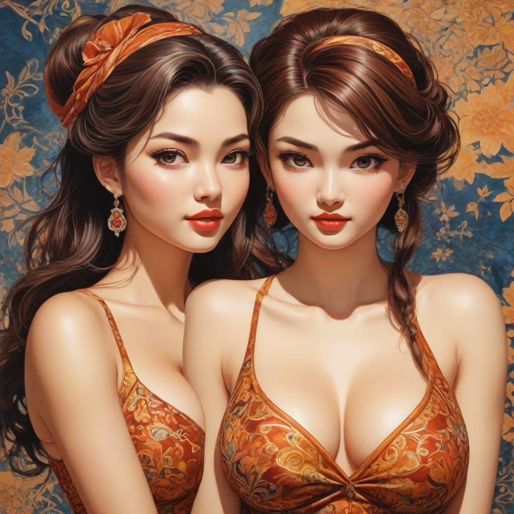 Fantasy Pinup Women in Vibrant Batik Style