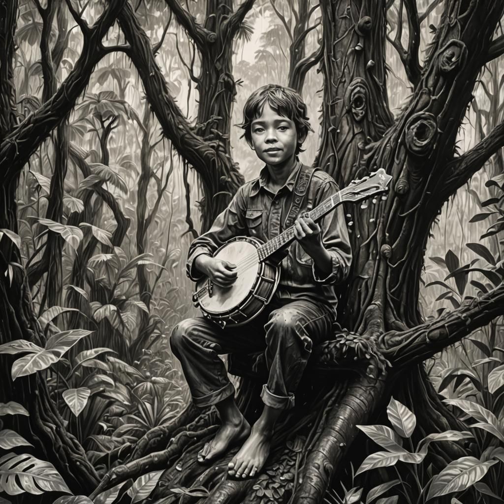 Boy Plays Banjo in Rainforest: Charcoal Drawing