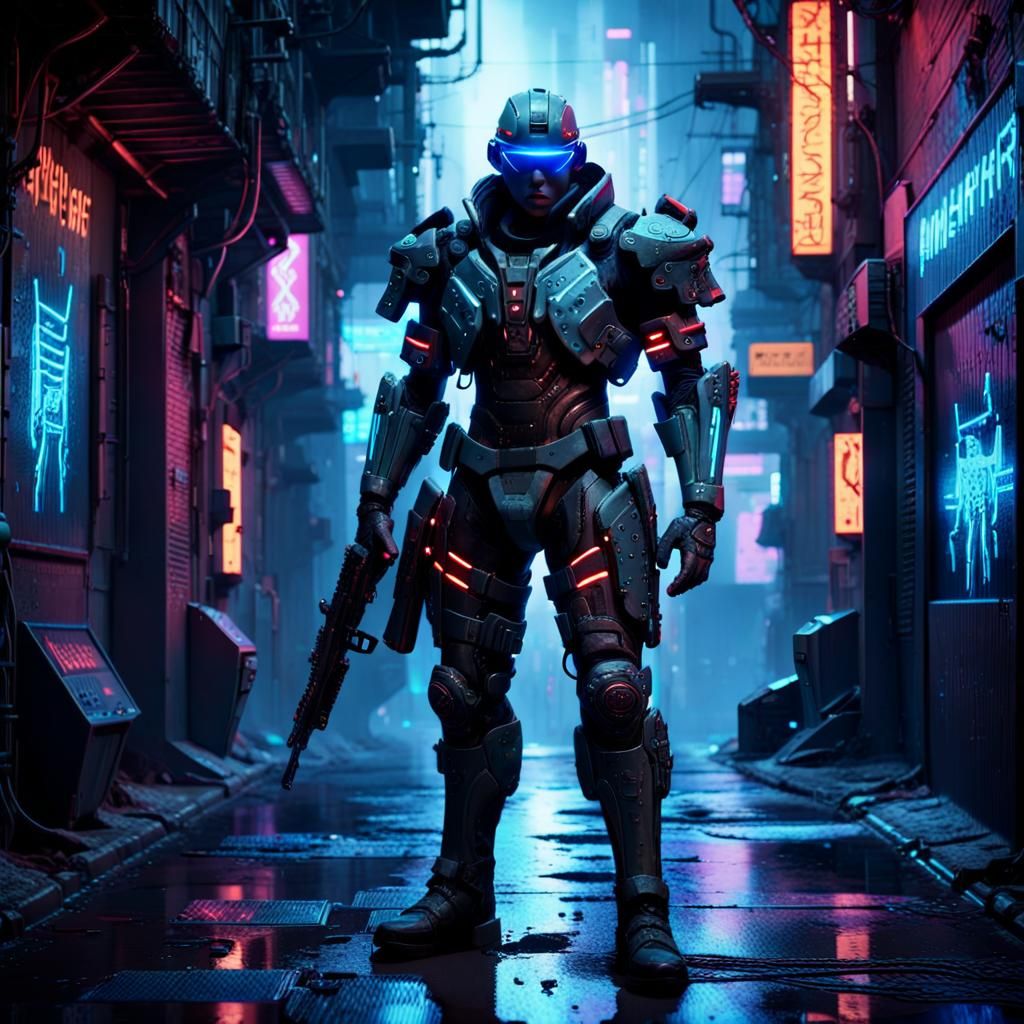 Cyberpunk Mercenary in Neon Alleyway