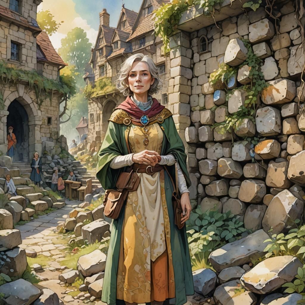 Fantasy Mayor Amidst Stone Walls, Watercolor Style