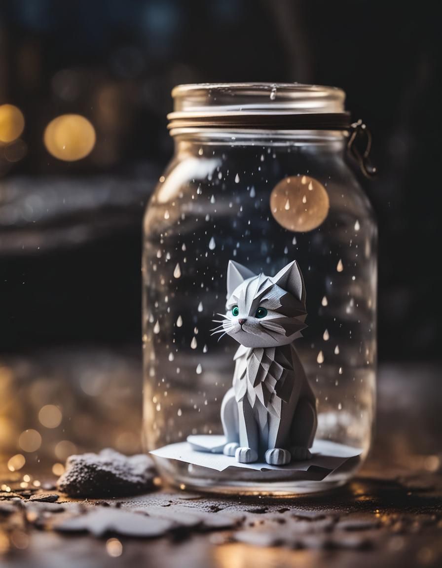 Sad Paper Kitten Figurine in Rain, Hyper-Detailed