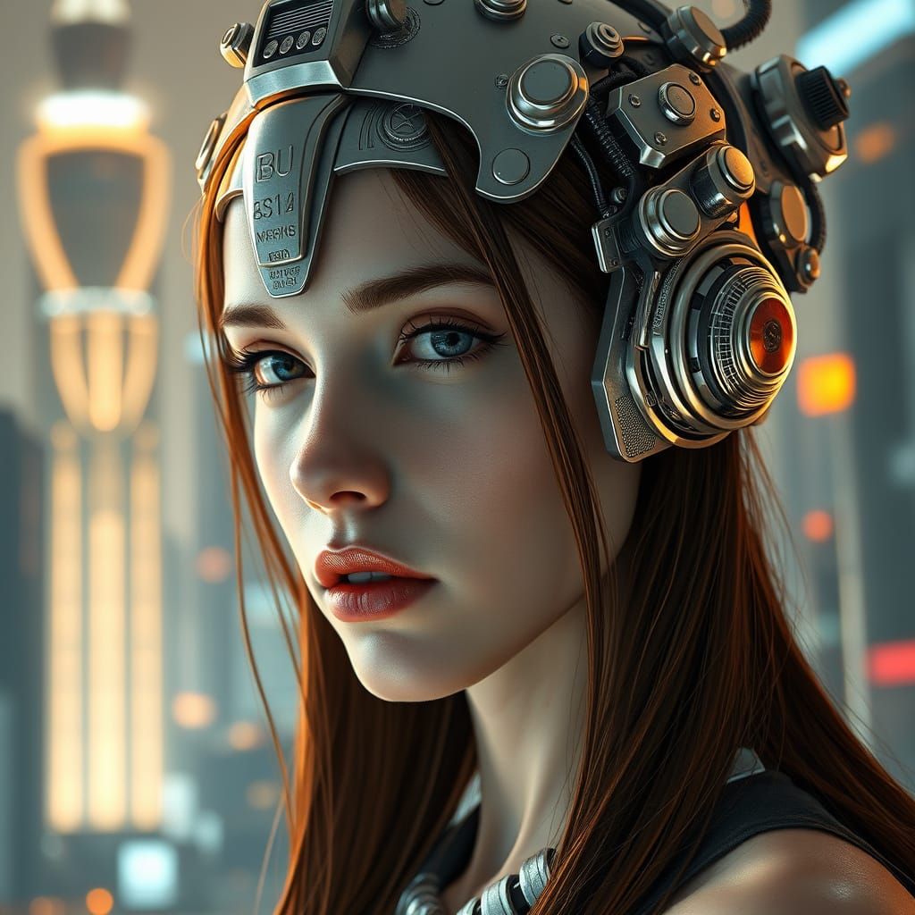 Futuristic Female with Cybernetic Enhancements in Neon Citys...