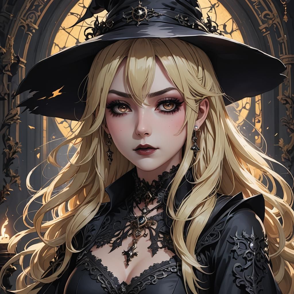 Goth Witch with Blonde Hair in Anime Style