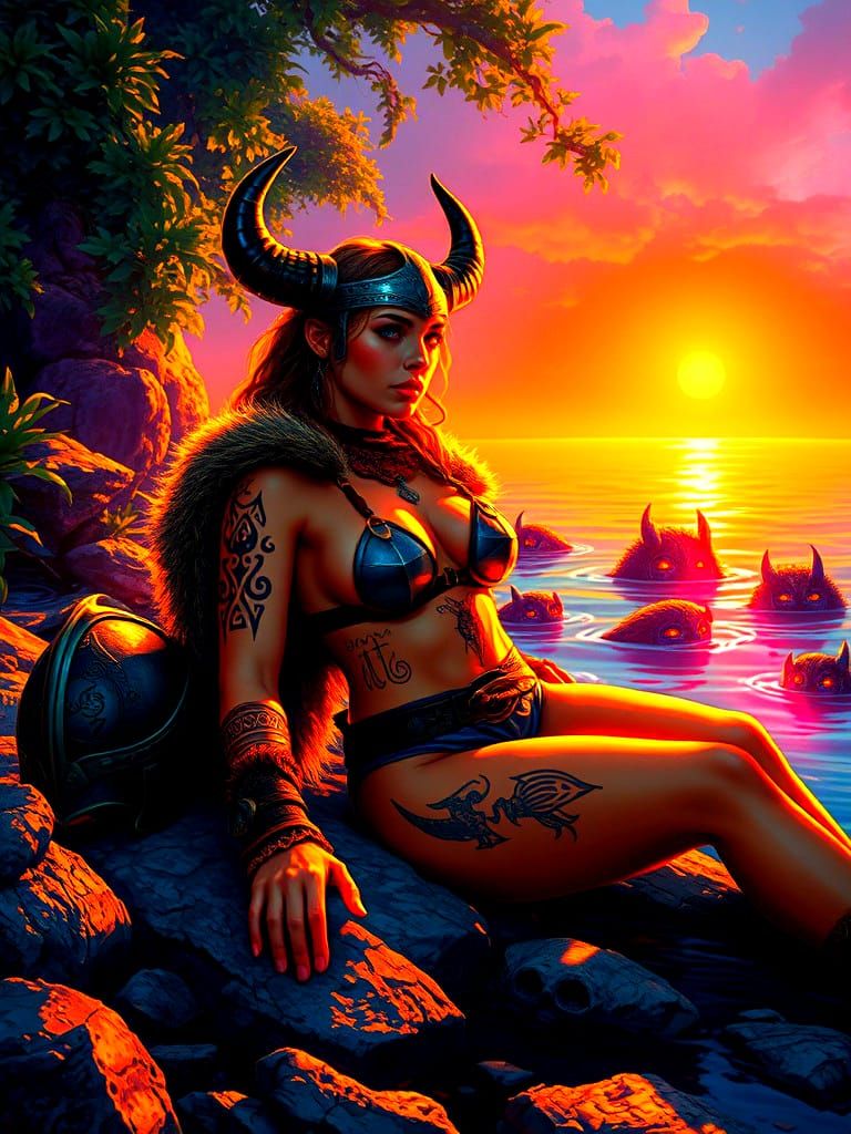 Viking Sunbather: Historical Fantasy Oil Painting