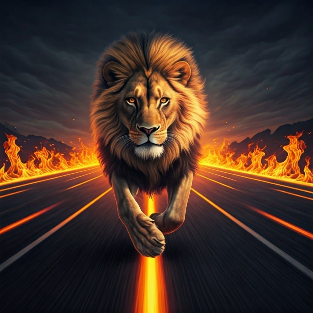 Majestic Lion Runs Infinite Runway of Flames with Unyielding...