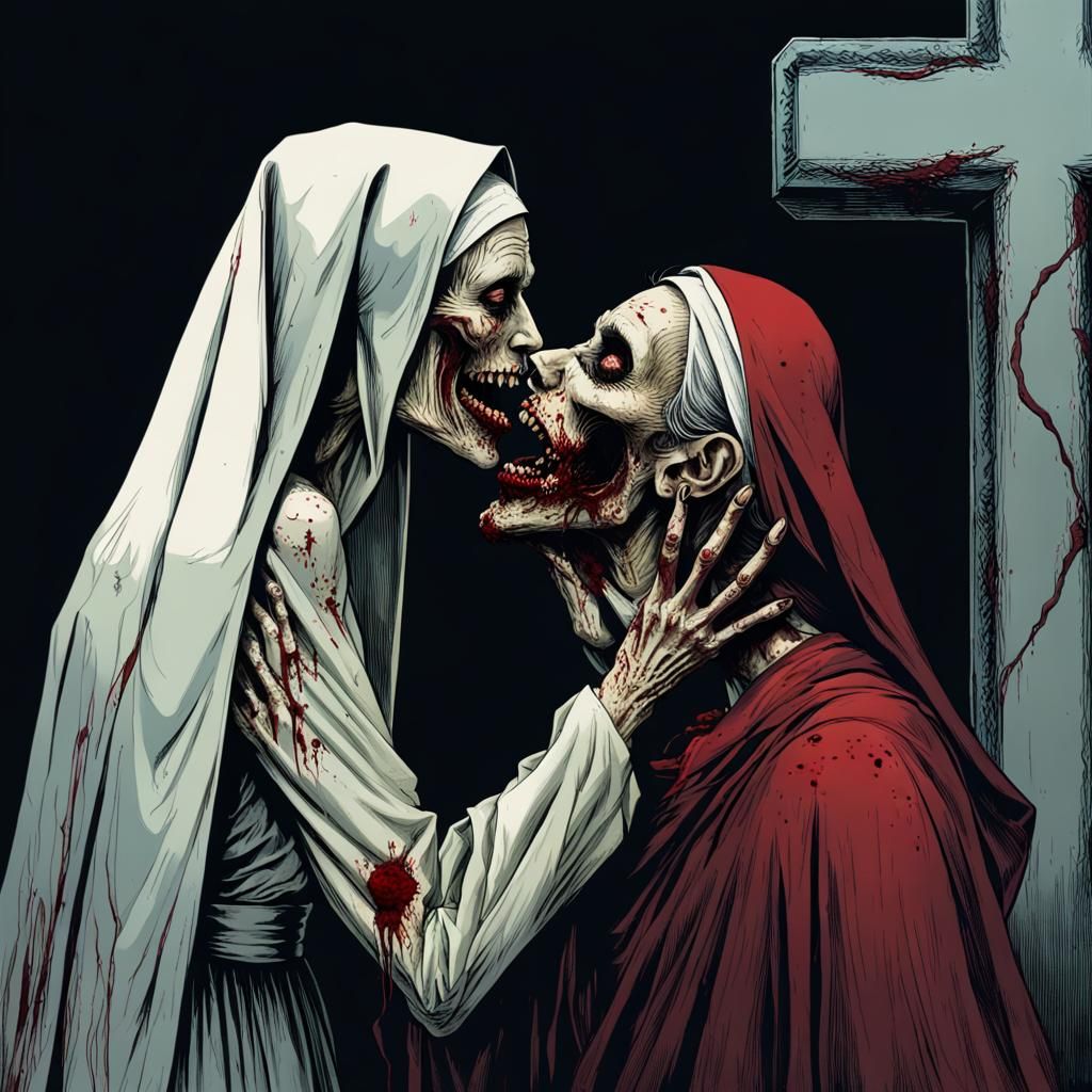 Zombie Nuns Kissing: Horror Illustration in Deep Colors