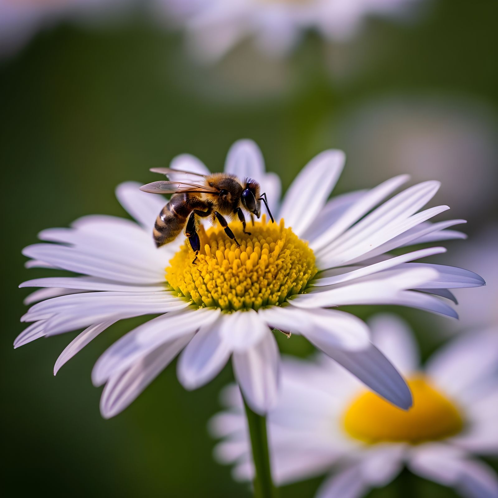 Macro Photograph of Bee on Daisy Flower
