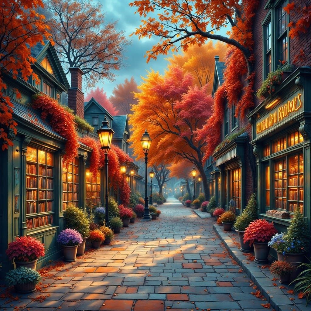 Surreal Autumn Village Bookstore Scene in Neo-Expressionist ...