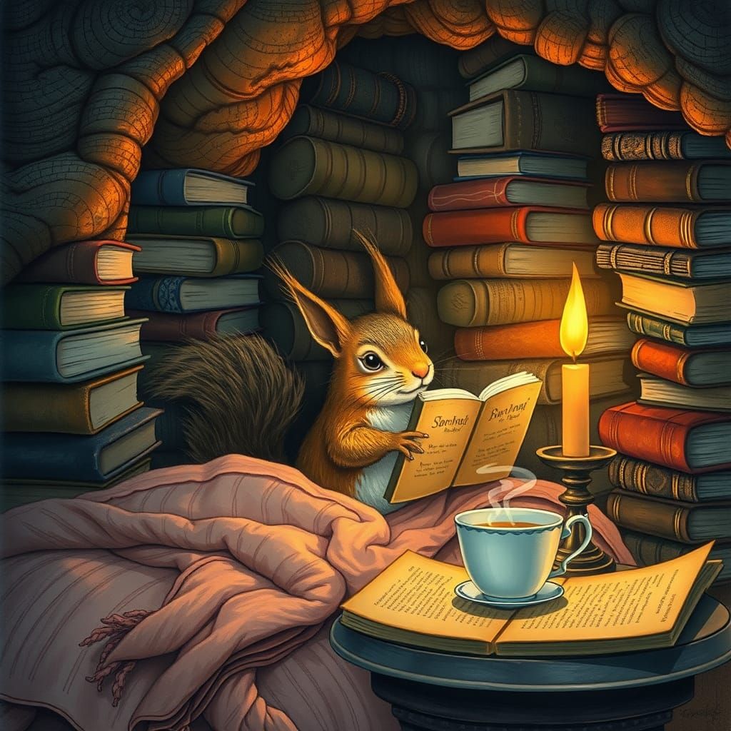 Squirrel Reads in Cozy Book Cave