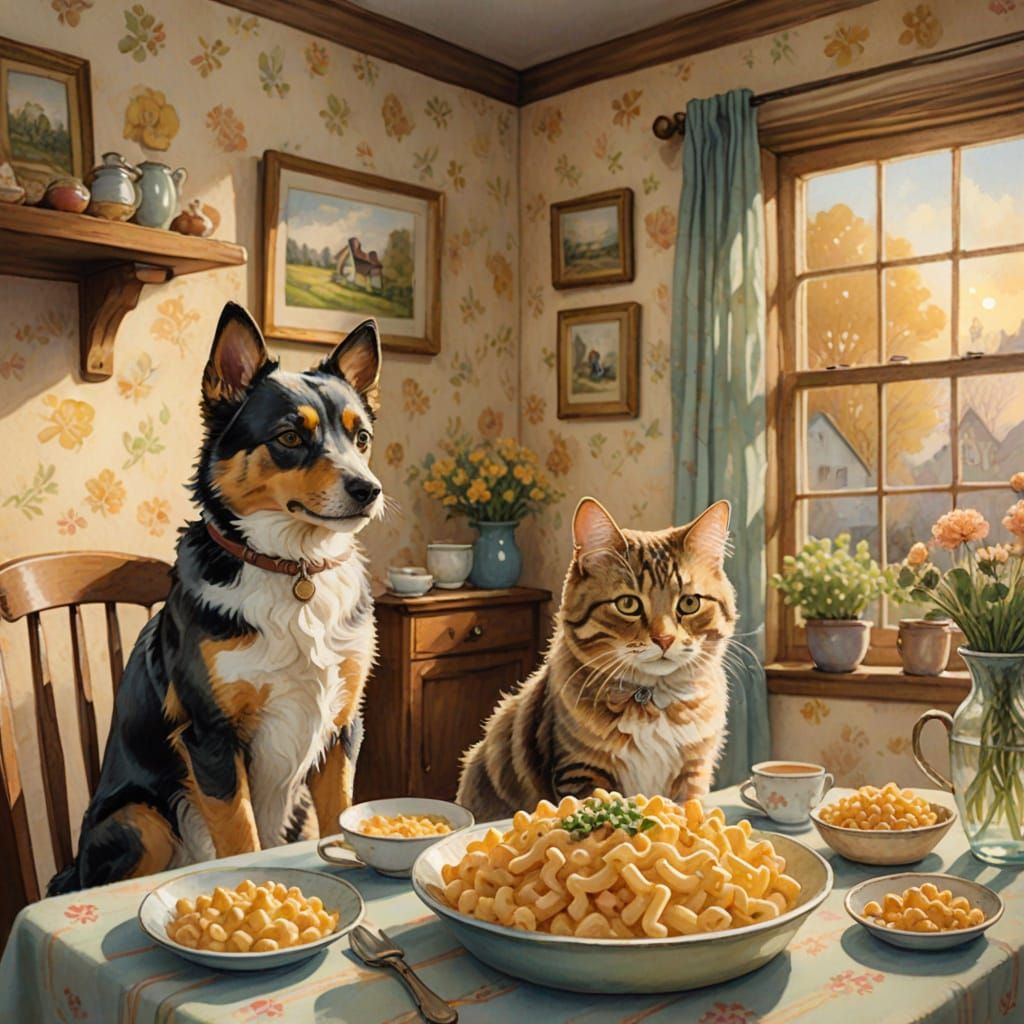 Cozy Mac and Cheese Dinner Scene in Whimsical Watercolor Sty...