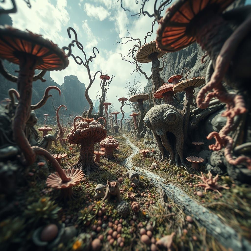 Surreal Landscape with Bizarre Flora, in Moebius Style