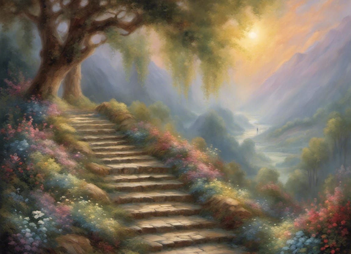 Ethereal Stairs Through Mist in Expressive Impressionism