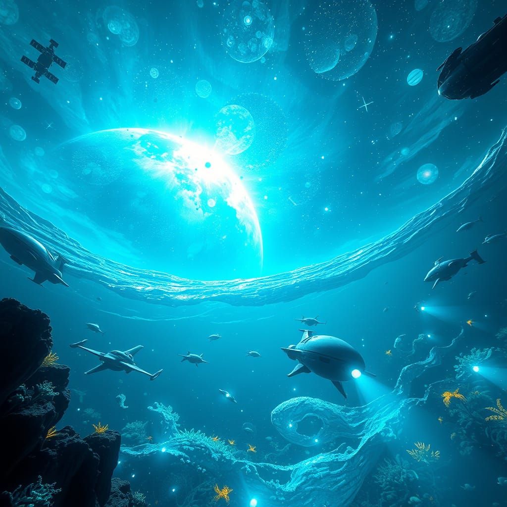 Futuristic Ocean with Nebulae and Underwater Vehicles